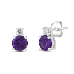6.0mm Amethyst and 1/6 CT. T.W. Lab-Grown Diamond Stacked Stud Earrings in 14K White Gold