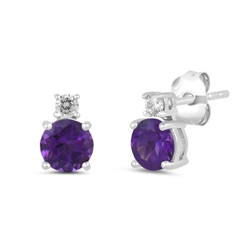 Main Image 1 of 6.0mm Amethyst and 1/6 CT. T.W. Lab-Grown Diamond Stacked Stud Earrings in 14K White Gold