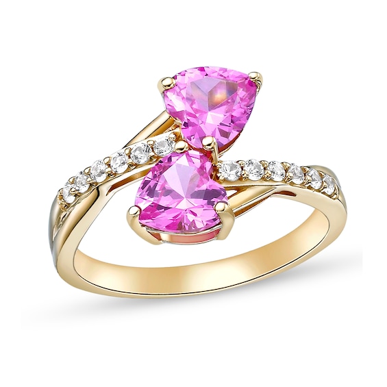 6.0mm Heart-Shaped Pink and White Lab-Created Sapphire Toi et Moi Ring in Sterling Silver with 18K Gold Plate