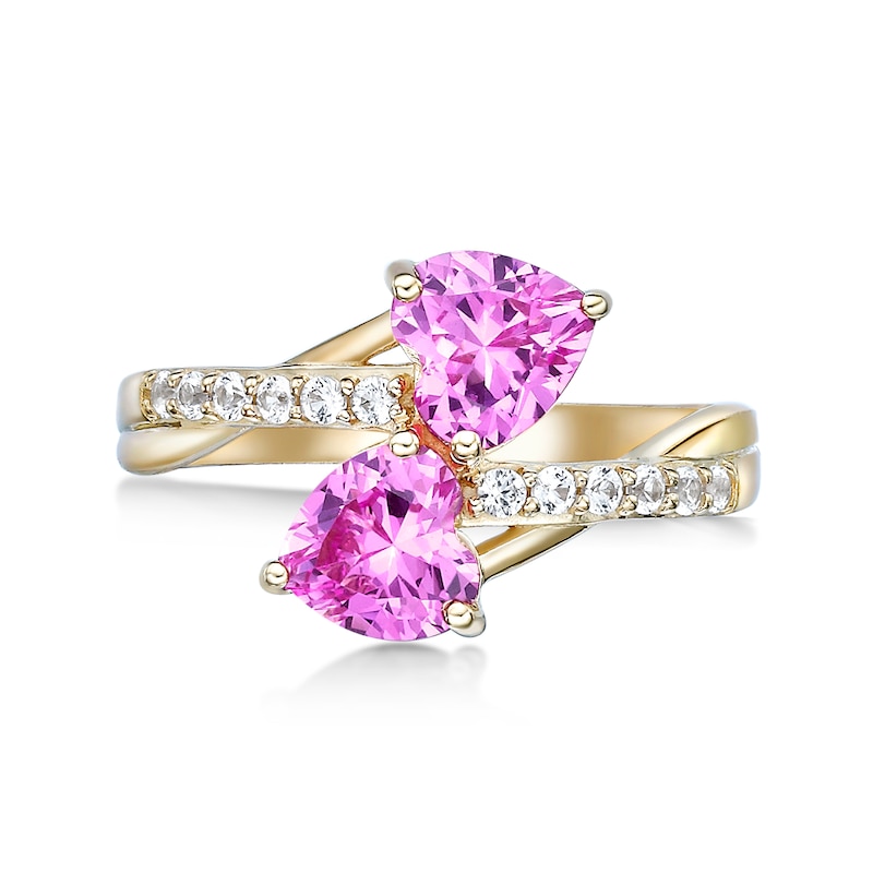 Main Image 2 of 6.0mm Heart-Shaped Pink and White Lab-Created Sapphire Toi et Moi Ring in Sterling Silver with 18K Gold Plate
