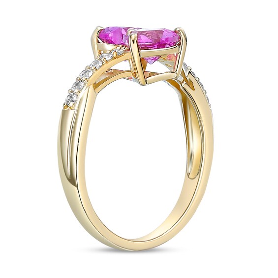 6.0mm Heart-Shaped Pink and White Lab-Created Sapphire Toi et Moi Ring in Sterling Silver with 18K Gold Plate
