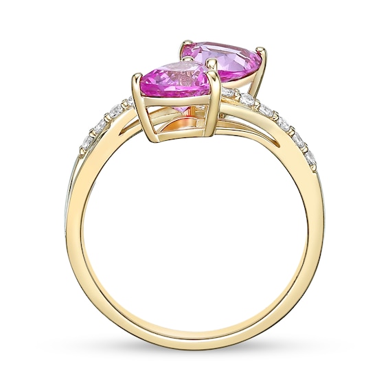 6.0mm Heart-Shaped Pink and White Lab-Created Sapphire Toi et Moi Ring in Sterling Silver with 18K Gold Plate