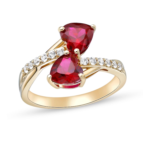 Heart-Shaped Lab-Created Ruby and White Lab-Created Sapphire Toi et Moi Ring in Sterling Silver with 18K Gold Plate