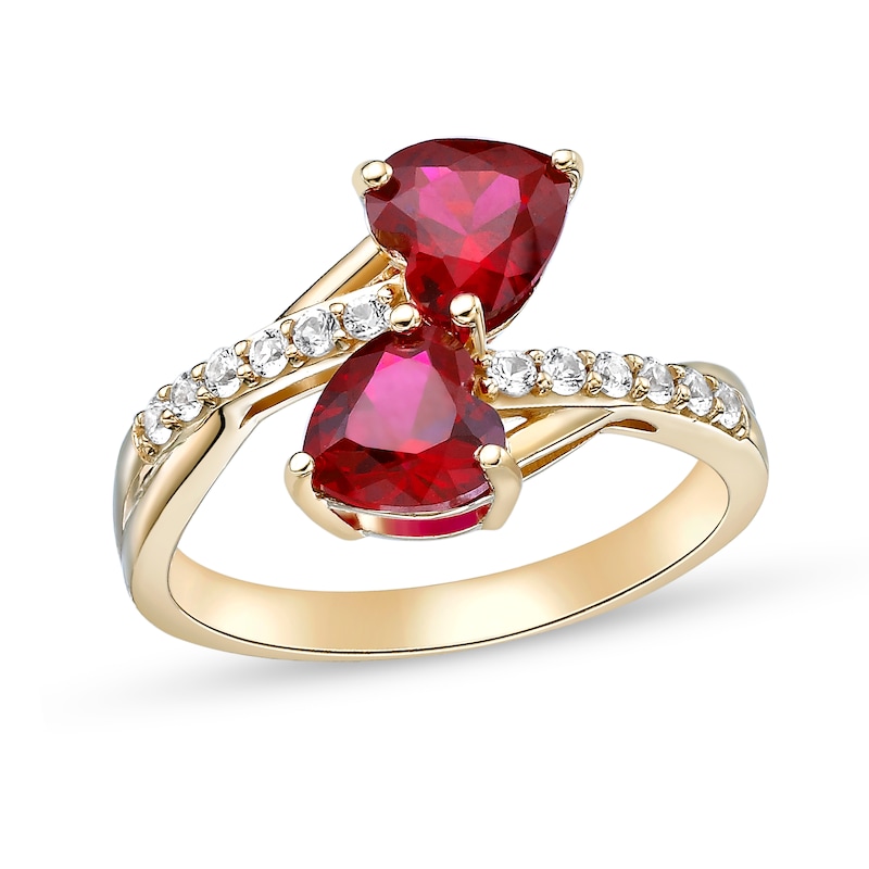 Main Image 1 of Heart-Shaped Lab-Created Ruby and White Lab-Created Sapphire Toi et Moi Ring in Sterling Silver with 18K Gold Plate