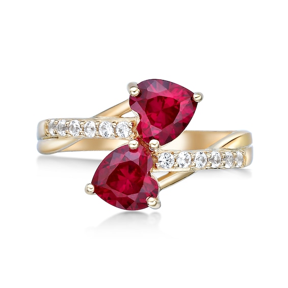 Heart-Shaped Lab-Created Ruby and White Lab-Created Sapphire Toi et Moi Ring in Sterling Silver with 18K Gold Plate