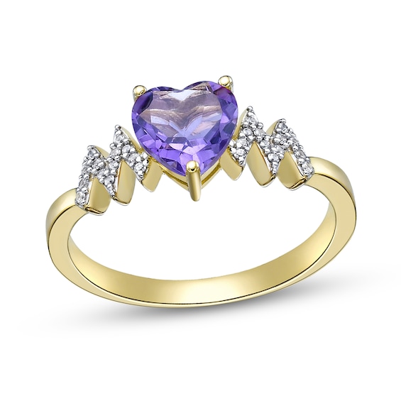 7.0mm Heart-Shaped Amethyst and White Lab-Created Sapphire Zig-Zag Ring in Sterling Silver with 18K Gold Plate