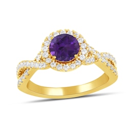 6.0mm Amethyst and 1/2 CT. T.W. Lab-Grown Diamond Frame Crossover Shank Ring in 14K Gold