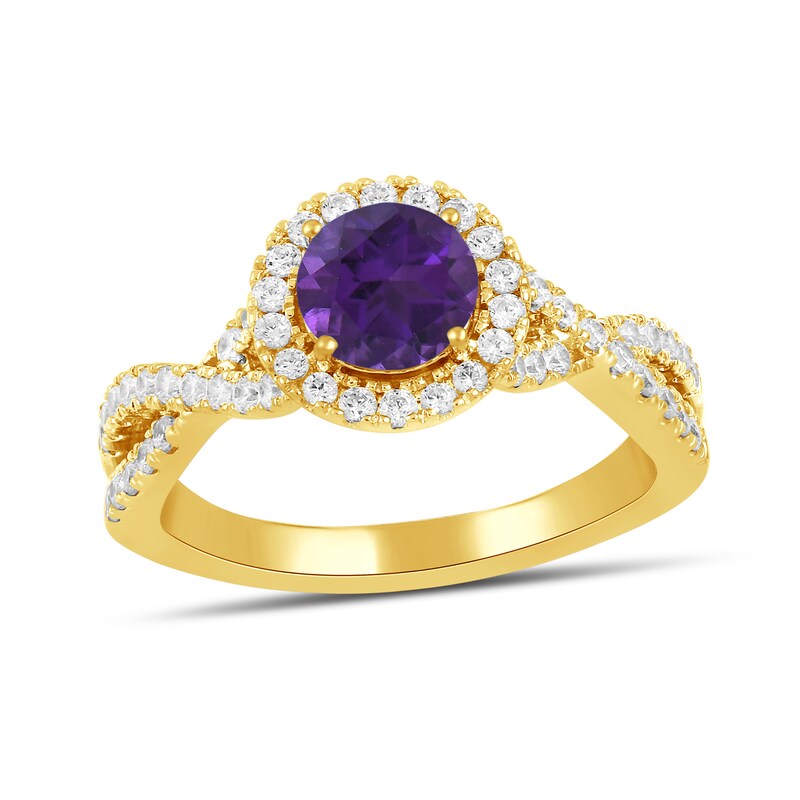 Main Image 1 of 6.0mm Amethyst and 1/2 CT. T.W. Lab-Created Diamond Frame Crossover Shank Ring in 14K Gold