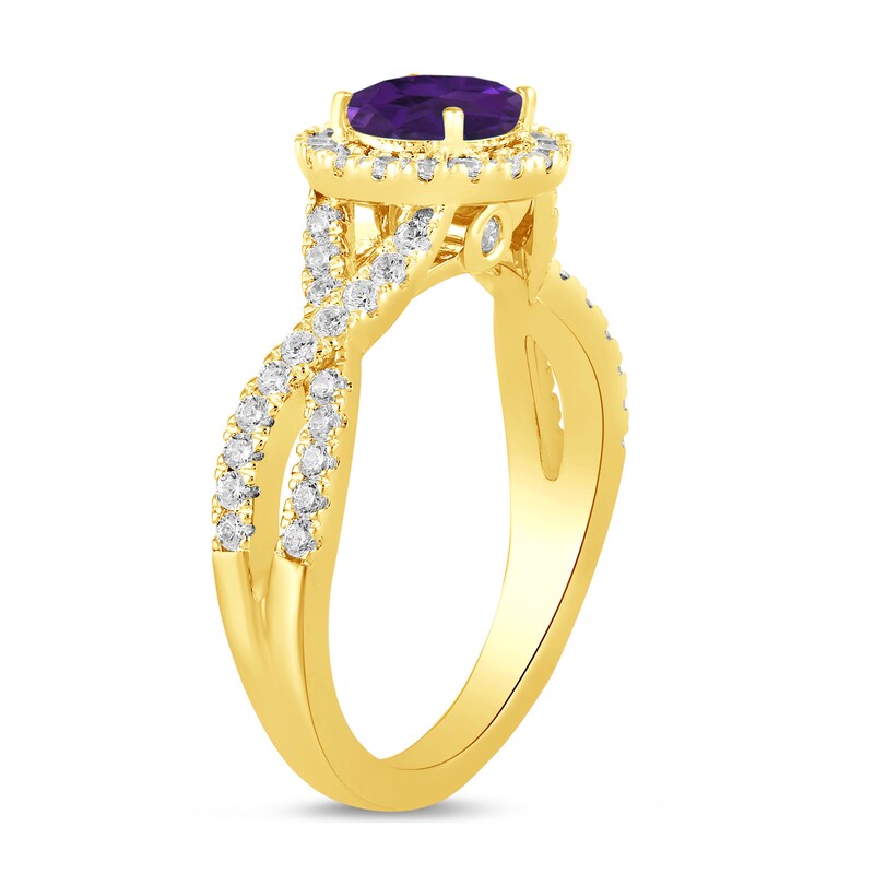 Main Image 2 of 6.0mm Amethyst and 1/2 CT. T.W. Lab-Created Diamond Frame Crossover Shank Ring in 14K Gold