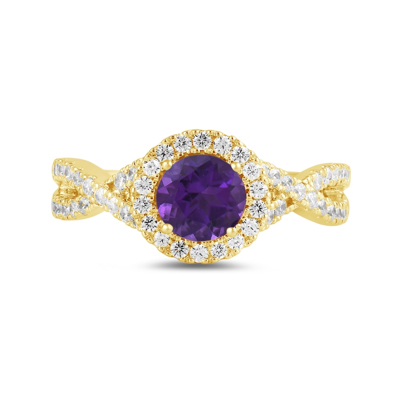 Main Image 3 of 6.0mm Amethyst and 1/2 CT. T.W. Lab-Created Diamond Frame Crossover Shank Ring in 14K Gold
