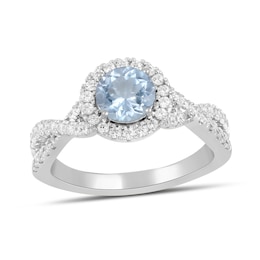 6.0mm Aquamarine and 1/2 CT. T.W. Lab-Grown Diamond Frame Crossover Shank Ring in 14K White Gold
