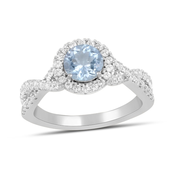 6.0mm Aquamarine and 1/2 CT. T.w. Lab-Grown Diamond Frame Crossover Shank Ring in 14K White Gold