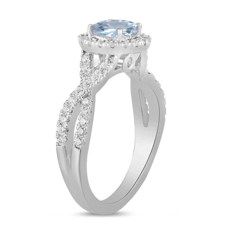 Main Image 2 of 6.0mm Aquamarine and 1/2 CT. T.W. Lab-Grown Diamond Frame Crossover Shank Ring in 14K White Gold