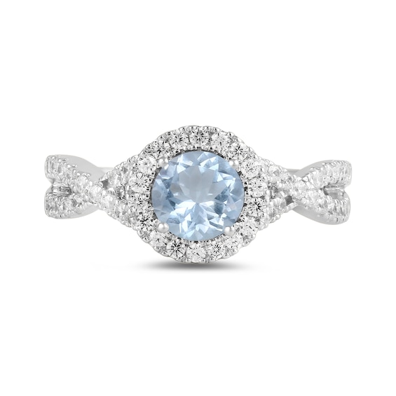 6.0mm Aquamarine and 1/2 CT. T.w. Lab-Grown Diamond Frame Crossover Shank Ring in 14K White Gold