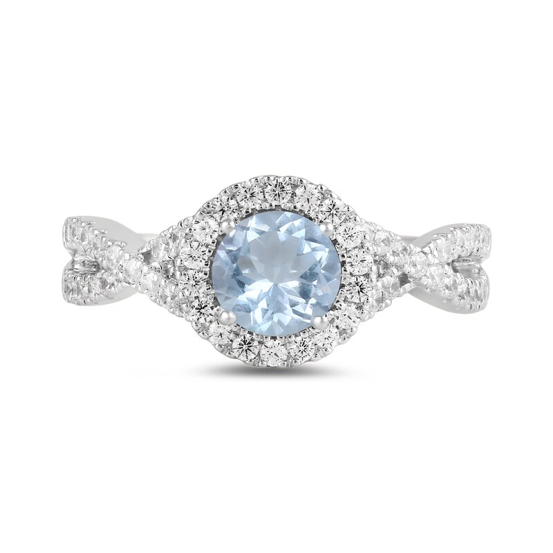 Main Image 3 of 6.0mm Aquamarine and 1/2 CT. T.W. Lab-Grown Diamond Frame Crossover Shank Ring in 14K White Gold