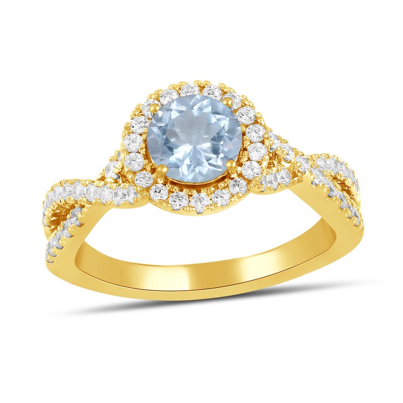 Main Image 1 of 6.0mm Aquamarine and 1/2 CT. T.W. Lab-Grown Diamond Frame Crossover Shank Ring in 14K Gold