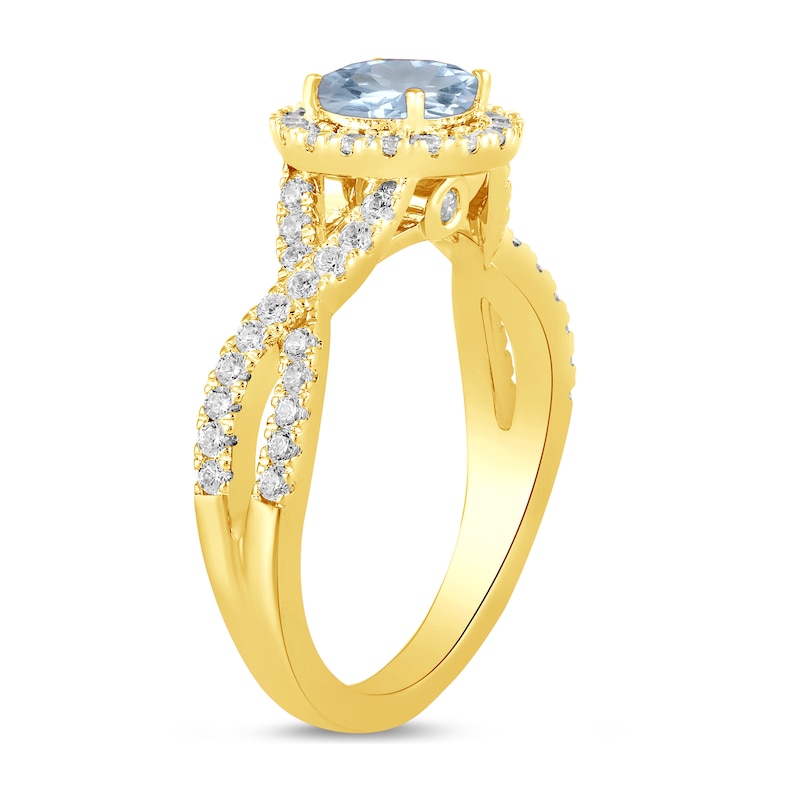 Main Image 2 of 6.0mm Aquamarine and 1/2 CT. T.W. Lab-Grown Diamond Frame Crossover Shank Ring in 14K Gold