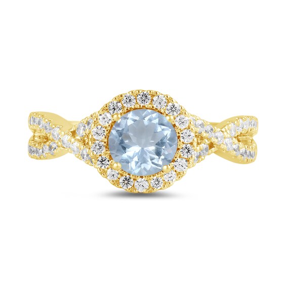 6.0mm Aquamarine and 1/2 CT. T.w. Lab-Grown Diamond Frame Crossover Shank Ring in 14K Gold