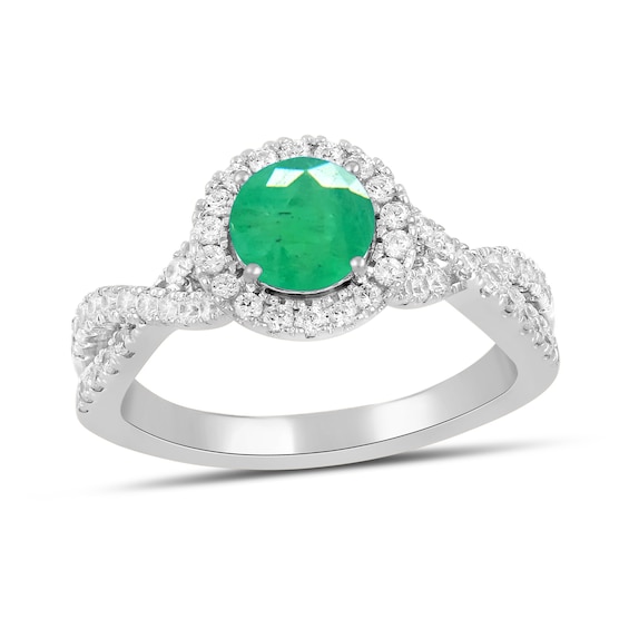 6.0mm Emerald and 1/2 CT. T.w. Lab-Grown Diamond Frame Crossover Shank Ring in 14K White Gold