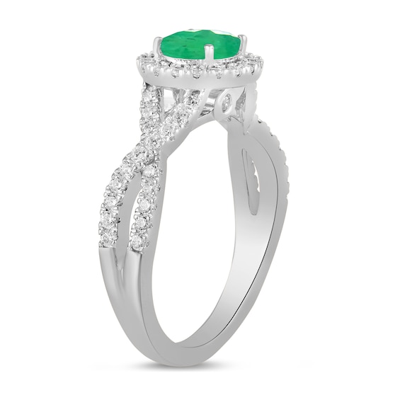 6.0mm Emerald and 1/2 CT. T.w. Lab-Grown Diamond Frame Crossover Shank Ring in 14K White Gold
