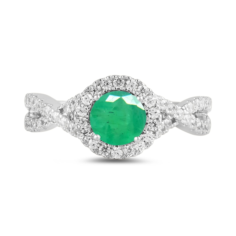 Main Image 3 of 6.0mm Emerald and 1/2 CT. T.W. Lab-Grown Diamond Frame Crossover Shank Ring in 14K White Gold