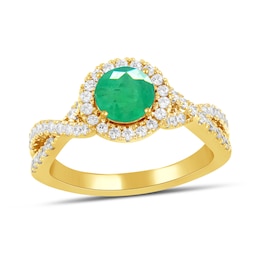 6.0mm Emerald and 1/2 CT. T.W. Lab-Grown Diamond Frame Crossover Shank Ring in 14K Gold