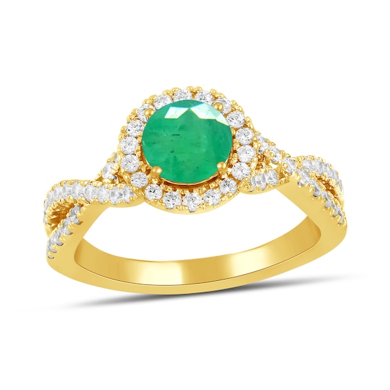 6.0mm Emerald and 1/2 CT. T.w. Lab-Grown Diamond Frame Crossover Shank Ring in 14K Gold