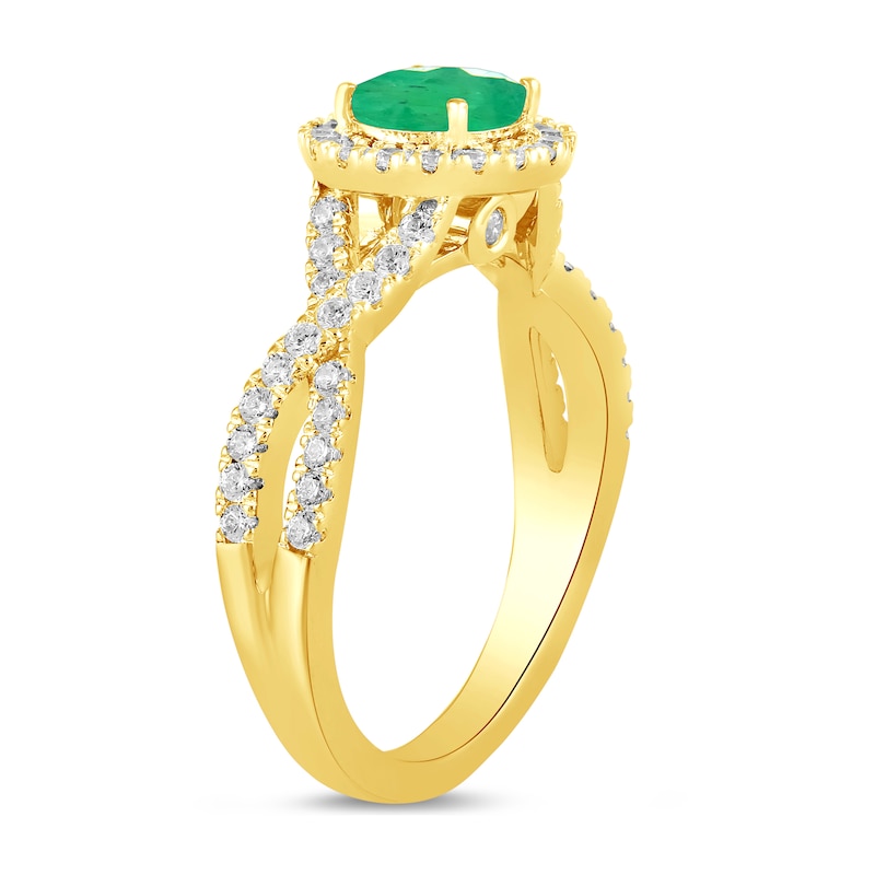Main Image 2 of 6.0mm Emerald and 1/2 CT. T.W. Lab-Grown Diamond Frame Crossover Shank Ring in 14K Gold