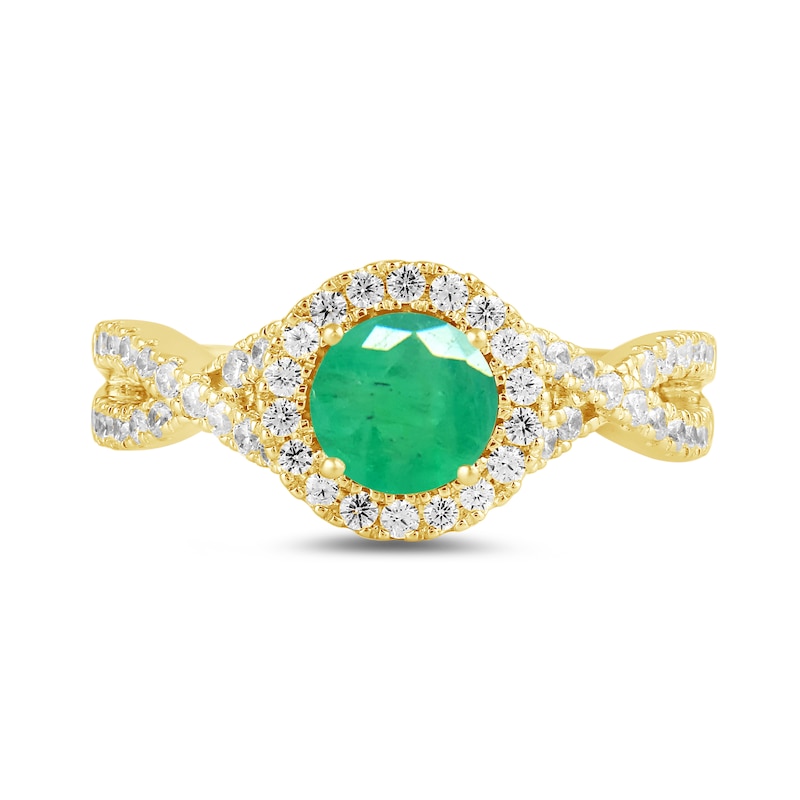 Main Image 3 of 6.0mm Emerald and 1/2 CT. T.W. Lab-Grown Diamond Frame Crossover Shank Ring in 14K Gold