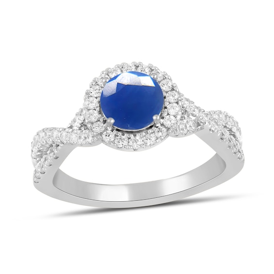 6.0mm Blue Sapphire and 1/2 CT. T.w. Lab-Grown Diamond Frame Crossover Shank Ring in 14K White Gold