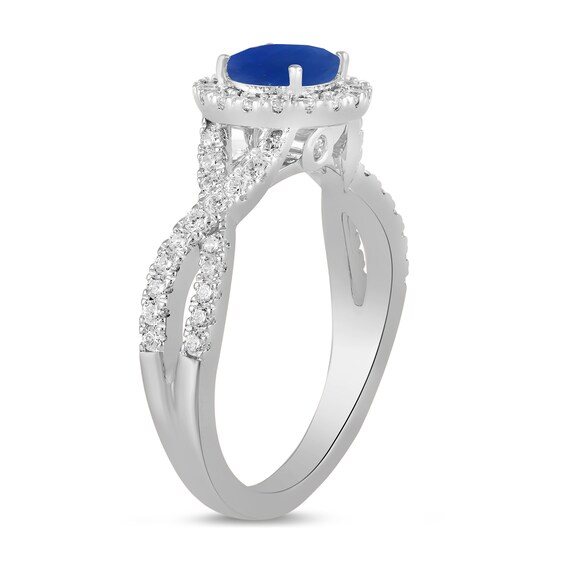 6.0mm Blue Sapphire and 1/2 CT. T.w. Lab-Grown Diamond Frame Crossover Shank Ring in 14K Gold