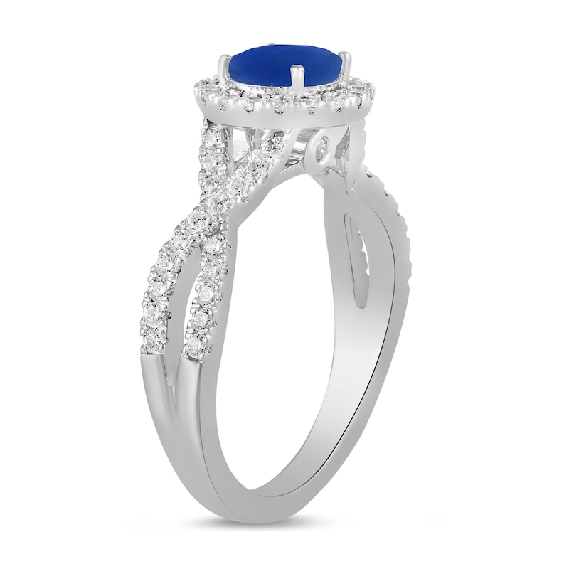 Main Image 2 of 6.0mm Blue Sapphire and 1/2 CT. T.W. Lab-Grown Diamond Frame Crossover Shank Ring in 14K White Gold