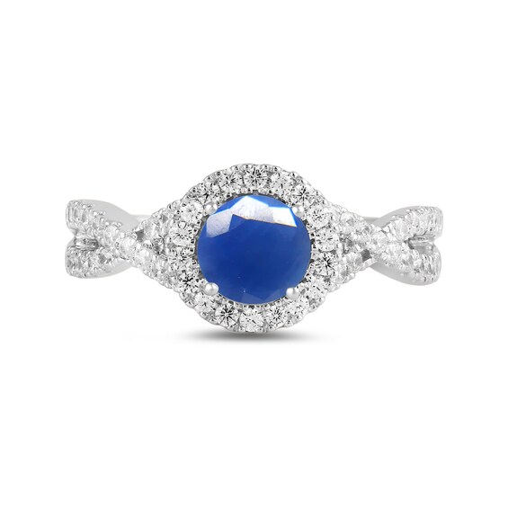 6.0mm Blue Sapphire and 1/2 CT. T.w. Lab-Grown Diamond Frame Crossover Shank Ring in 14K Gold