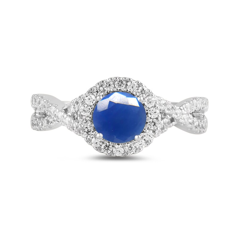 Main Image 3 of 6.0mm Blue Sapphire and 1/2 CT. T.W. Lab-Grown Diamond Frame Crossover Shank Ring in 14K White Gold