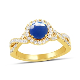 6.0mm Blue Sapphire and 1/2 CT. T.W. Lab-Grown Diamond Frame Crossover Shank Ring in 14K Gold