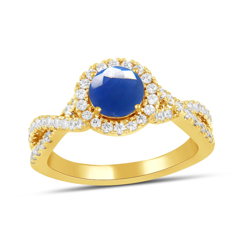 Main Image 1 of 6.0mm Blue Sapphire and 1/2 CT. T.W. Lab-Grown Diamond Frame Crossover Shank Ring in 14K Gold