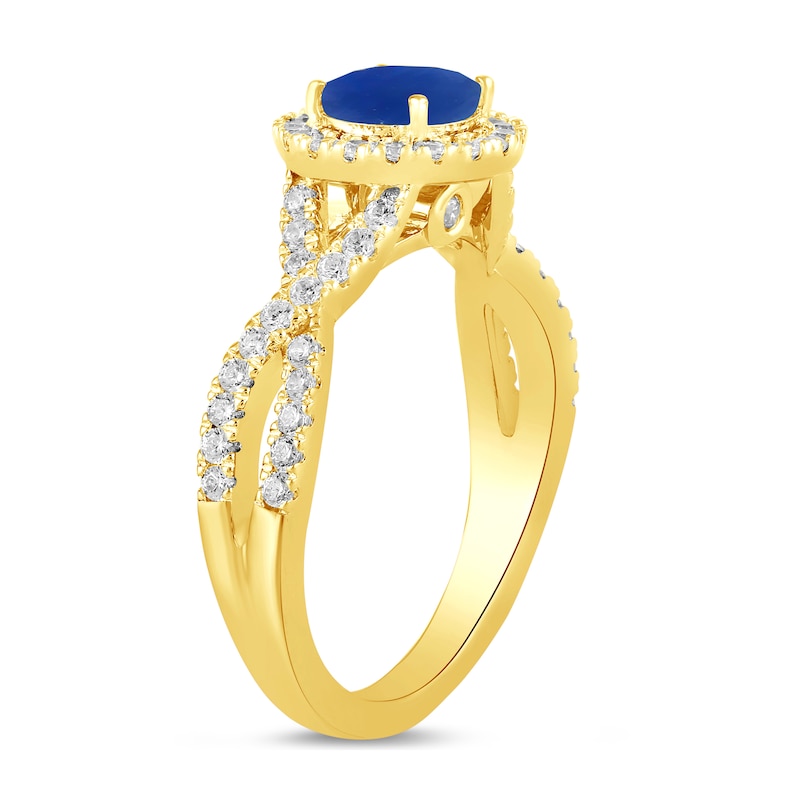 Main Image 2 of 6.0mm Blue Sapphire and 1/2 CT. T.W. Lab-Grown Diamond Frame Crossover Shank Ring in 14K Gold