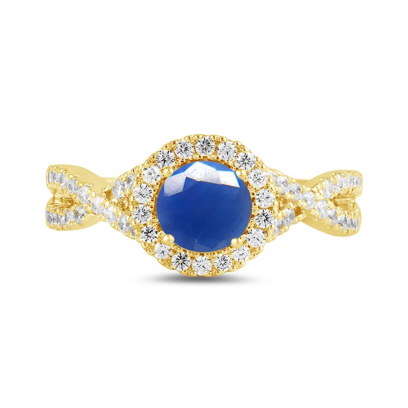 Main Image 3 of 6.0mm Blue Sapphire and 1/2 CT. T.W. Lab-Grown Diamond Frame Crossover Shank Ring in 14K Gold