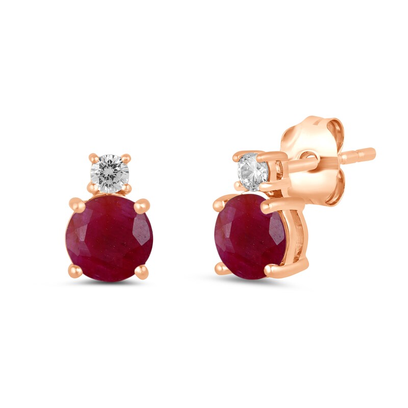 Main Image 1 of 6.0mm Certified Ruby and 1/6 CT. T.W. Lab-Grown Diamond Stacked Stud Earrings in 14K Rose Gold