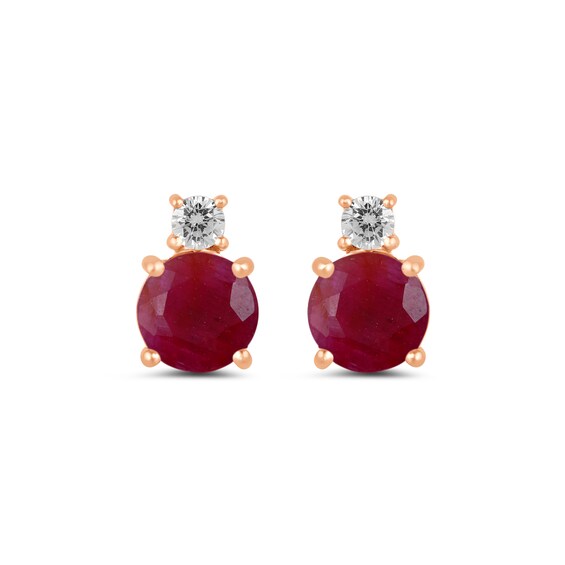 6.0mm Certified Ruby and 1/6 CT. T.w. Lab-Grown Diamond Stacked Stud Earrings in 14K Rose Gold
