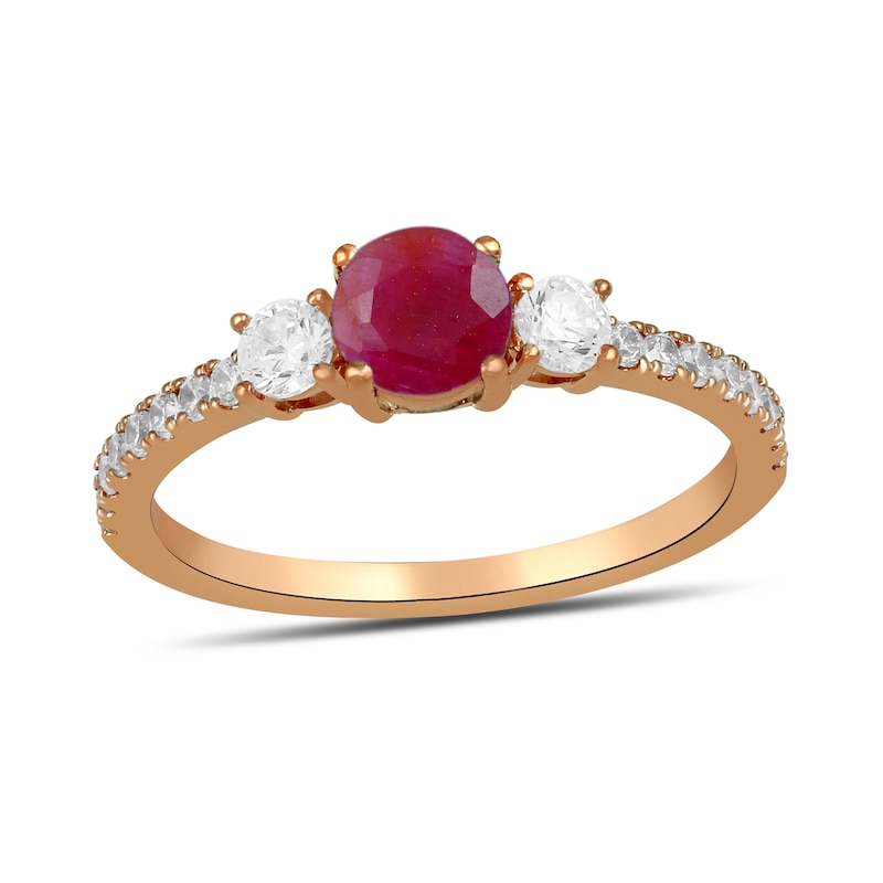 Main Image 1 of 5.0mm Certified Ruby and 3/8 CT. T.W. Lab-Grown Diamond Three Stone Ring in 14K Rose Gold