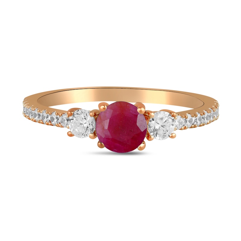 Main Image 3 of 5.0mm Certified Ruby and 3/8 CT. T.W. Lab-Grown Diamond Three Stone Ring in 14K Rose Gold