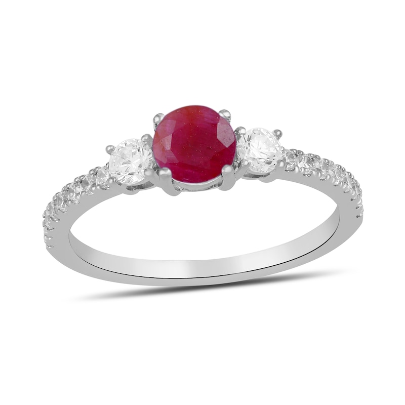 Main Image 1 of 5.0mm Certified Ruby and 3/8 CT. T.W. Lab-Grown Diamond Three Stone Ring in 14K White Gold