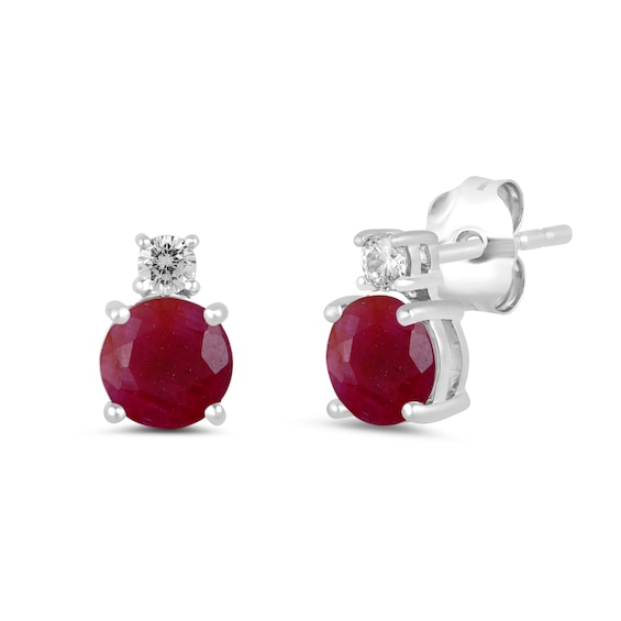 6.0mm Certified Ruby and 1/6 CT. T.w. Lab-Grown Diamond Stacked Stud Earrings in 14K White Gold