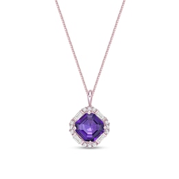 Asscher-Cut Amethyst and White Lab-Created Sapphire Tilted Cushion Frame Pendant in Sterling Silver with Rose Gold Plate