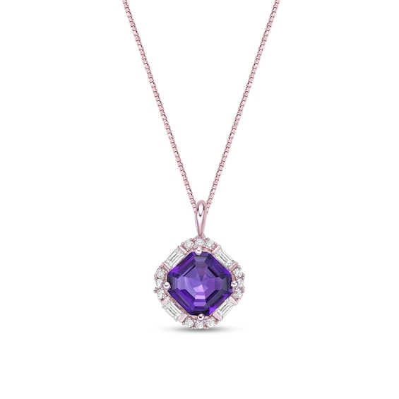Asscher-Cut Amethyst and White Lab-Created Sapphire Tilted Cushion Frame Pendant in Sterling Silver with Rose Gold Plate