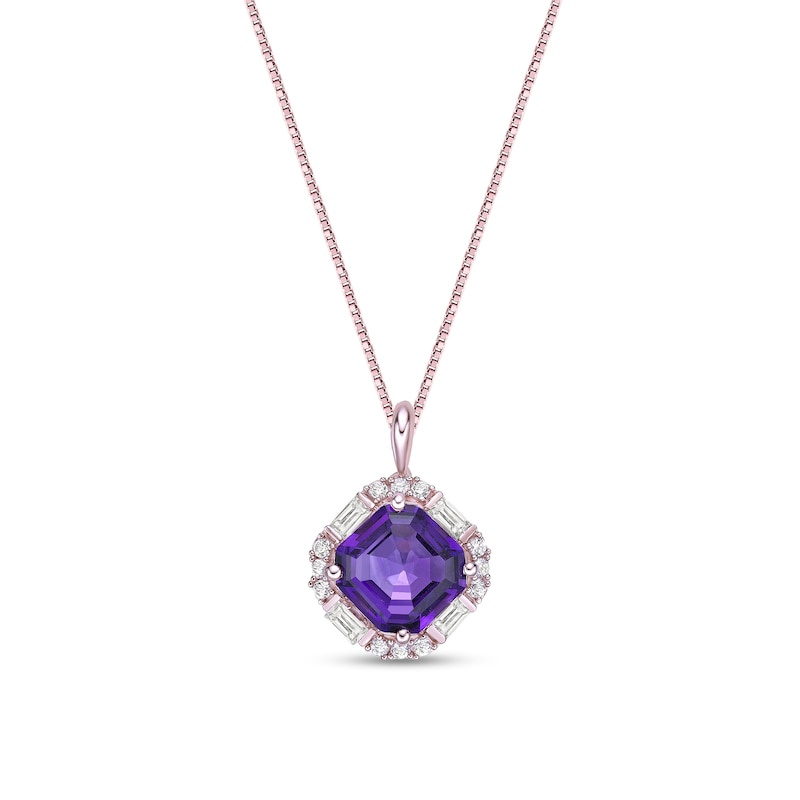 Main Image 1 of Asscher-Cut Amethyst and White Lab-Created Sapphire Tilted Cushion Frame Pendant in Sterling Silver with Rose Gold Plate