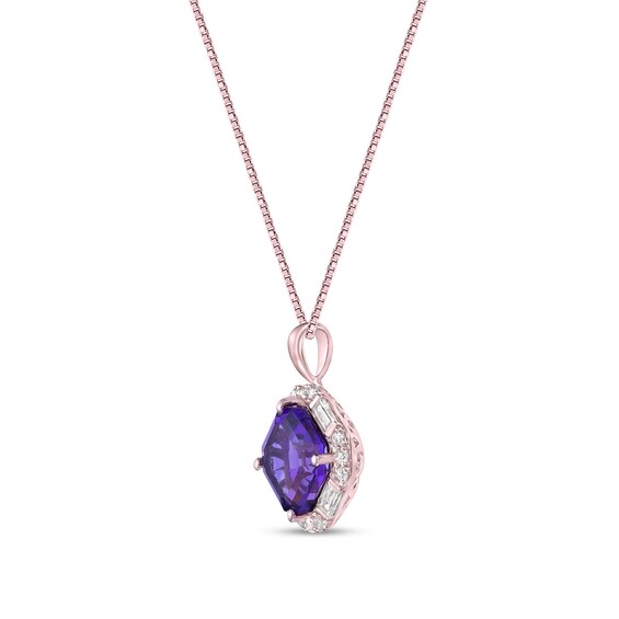 Asscher-Cut Amethyst and White Lab-Created Sapphire Tilted Cushion Frame Pendant in Sterling Silver with Rose Gold Plate
