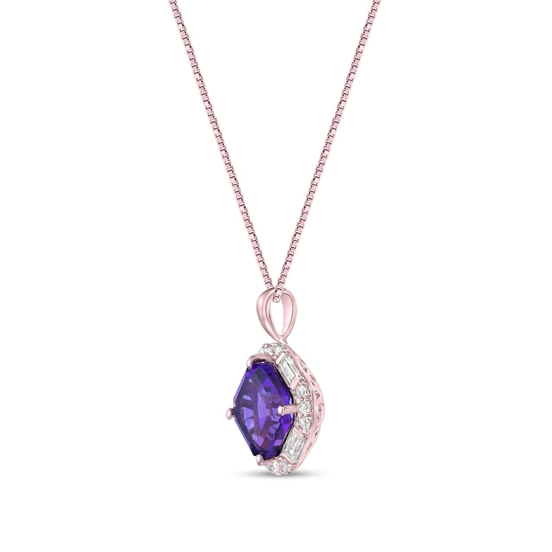 Main Image 2 of Asscher-Cut Amethyst and White Lab-Created Sapphire Tilted Cushion Frame Pendant in Sterling Silver with Rose Gold Plate
