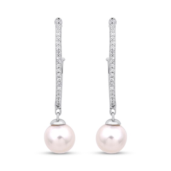 6.0mm Freshwater Cultured Pearl and White Lab-Created Sapphire J-Hoop Drop Earrings in Sterling Silver